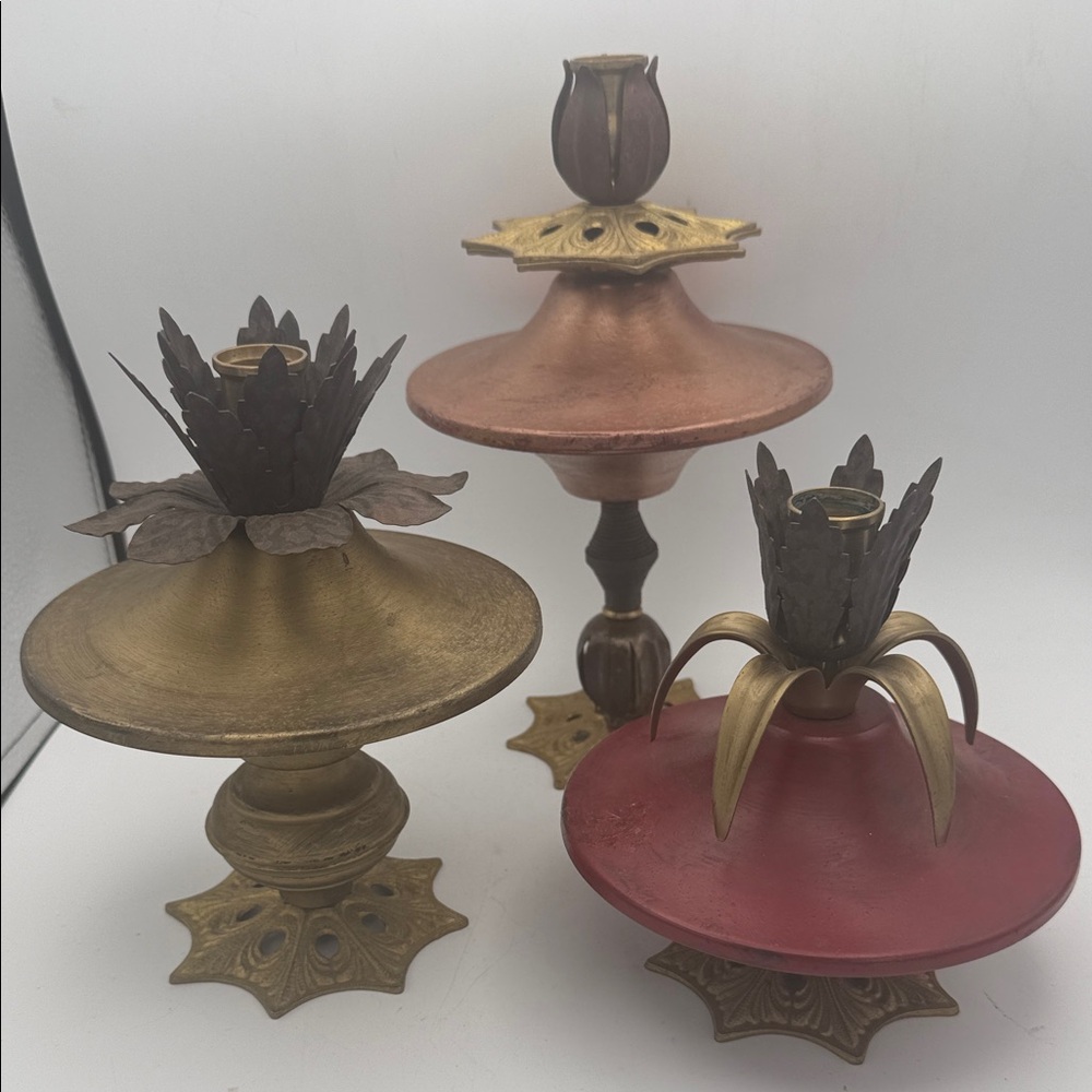 Set of 3 brass mixed metal bohemian chic candle stick holders 11”, 8.5” and 7”